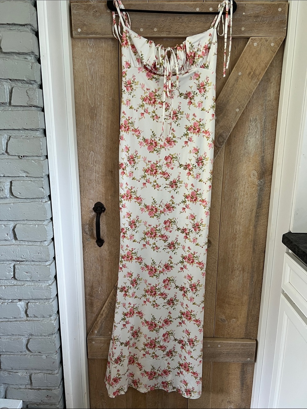 Floral Cream Maxi Slip Dress with Pink Rose Print